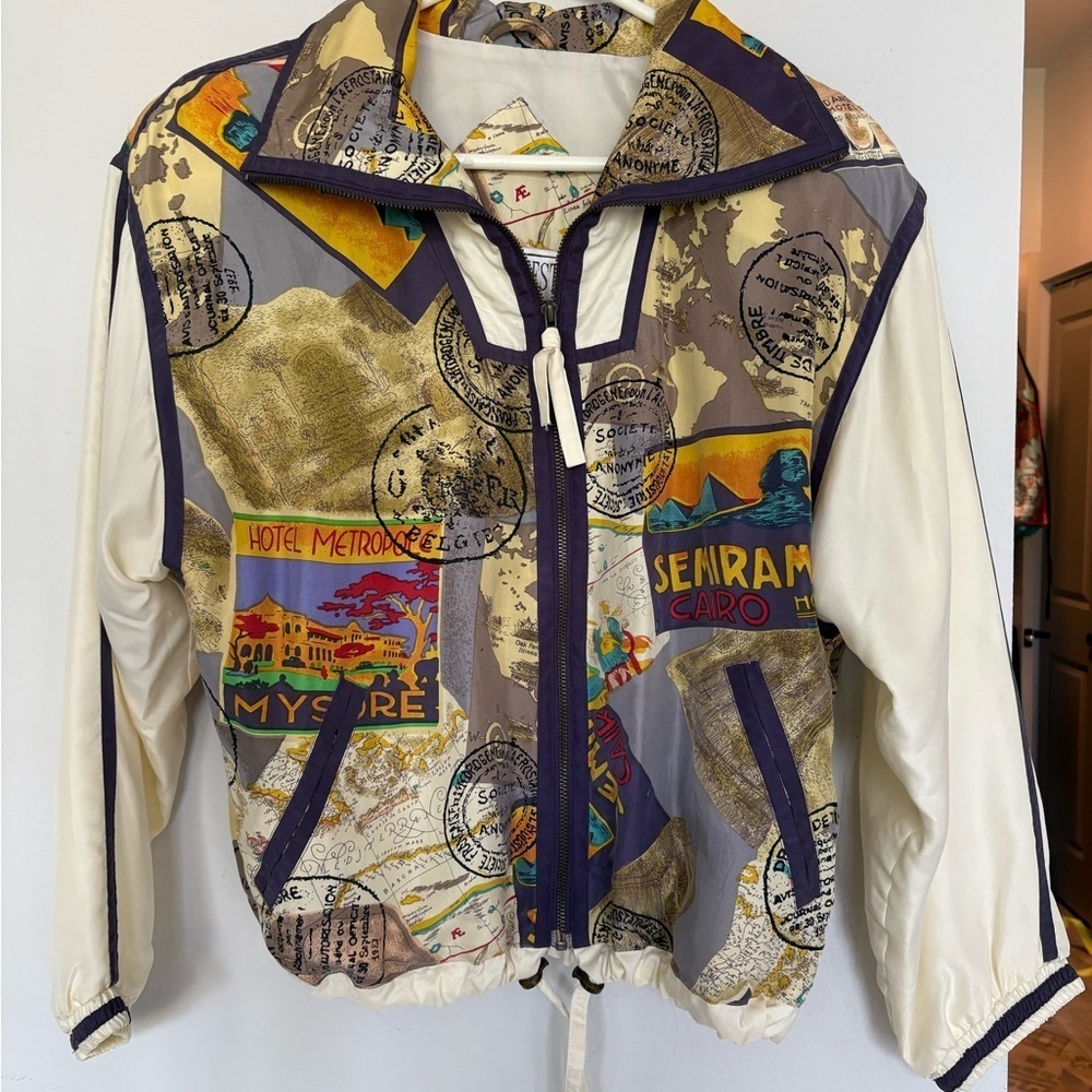 Vintage East West Silks 100% Silk World Map Graphic Bomber Jacket indie sleaze S